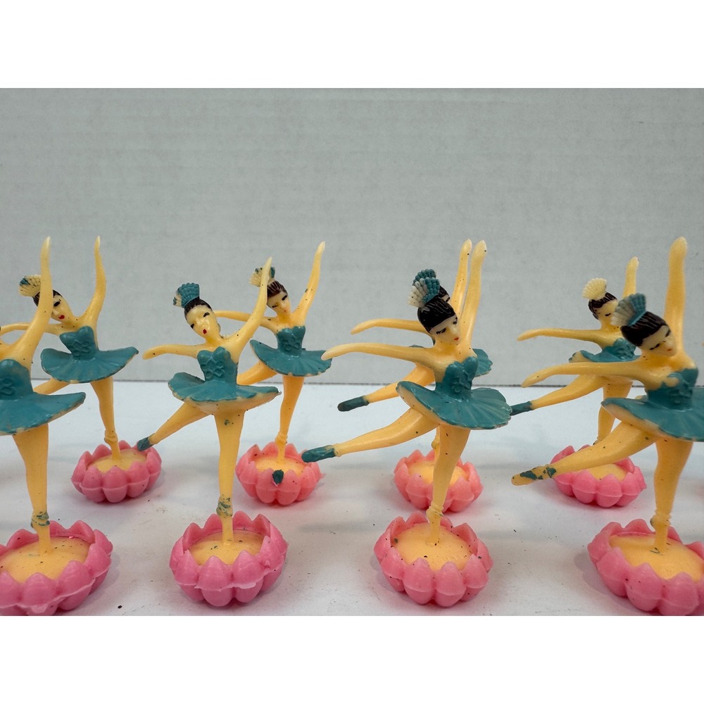 12 Vintage Plastic Ballerina Cake Toppers Teal Pink Lotus Base Party Favors